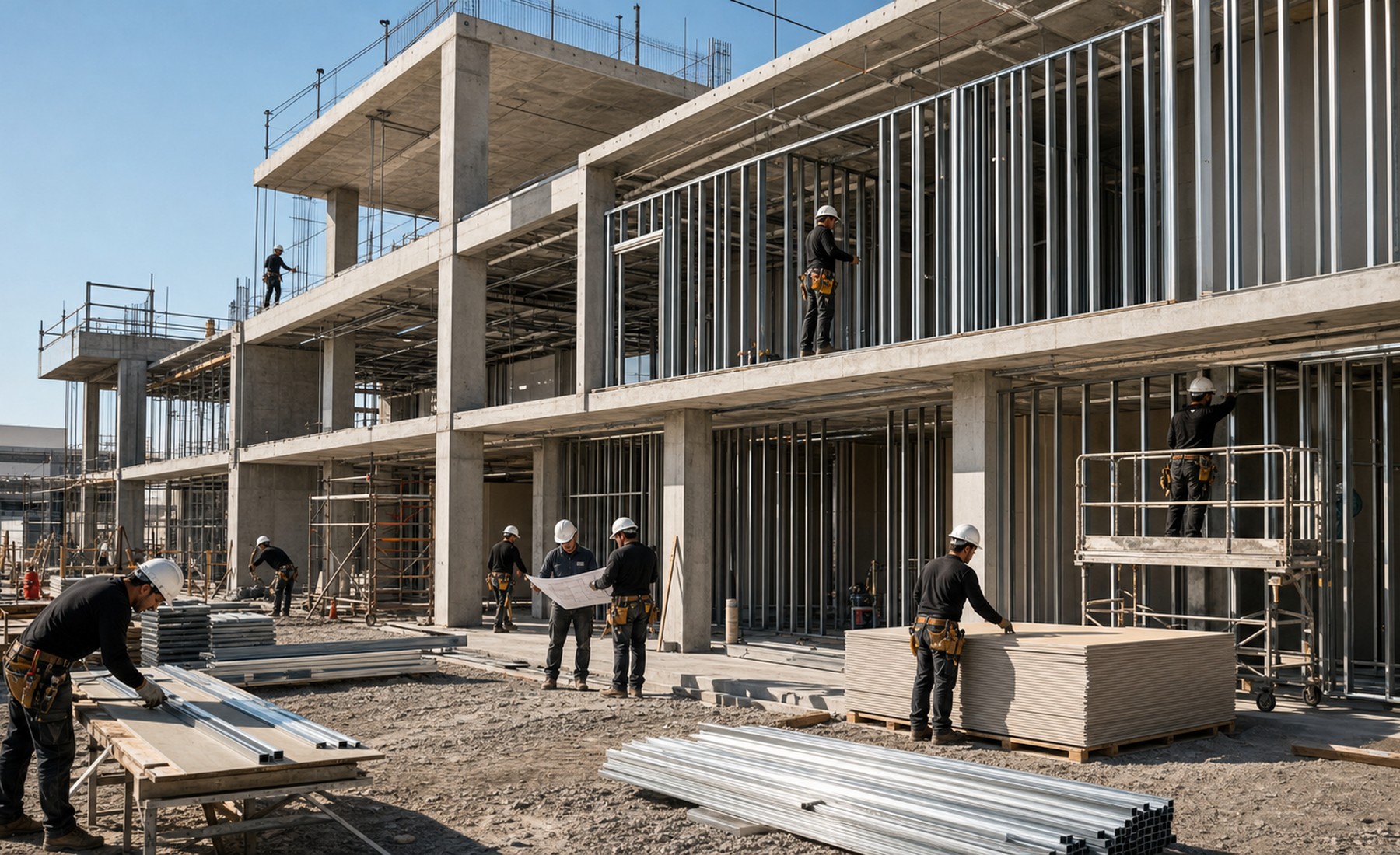 Equipo de trabajadores en construcción de edificio