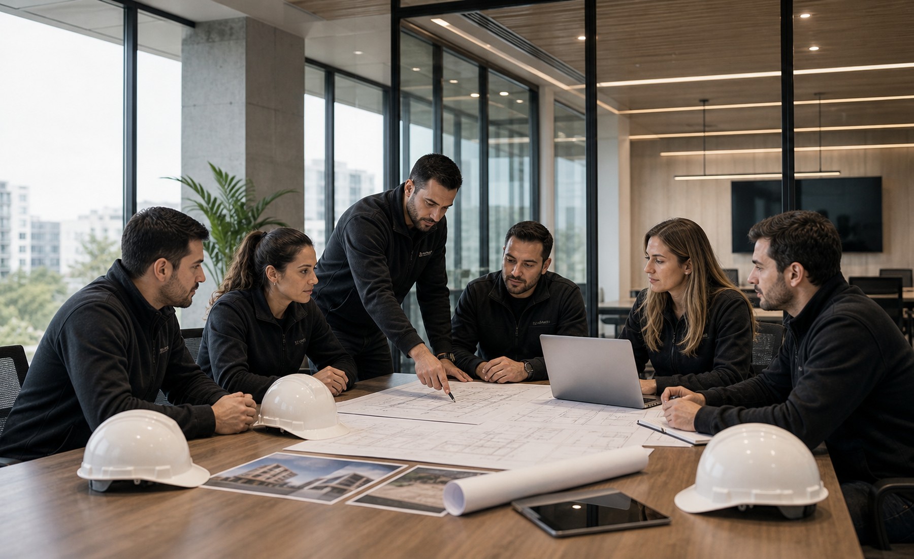 Equipo constructor revisando un proyecto
